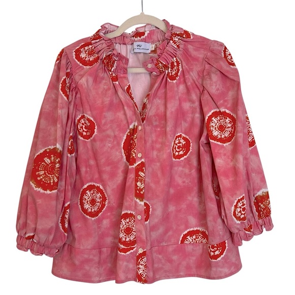 Never a Wallflower Cotton Boho Block Print 3/4 Sleeve Blouse Pink Red Small - Picture 1 of 6